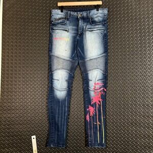 Rockstar Original Ultra Slim Moto Jeans Mens 36 Blue Palm Tree Print Biker Denim